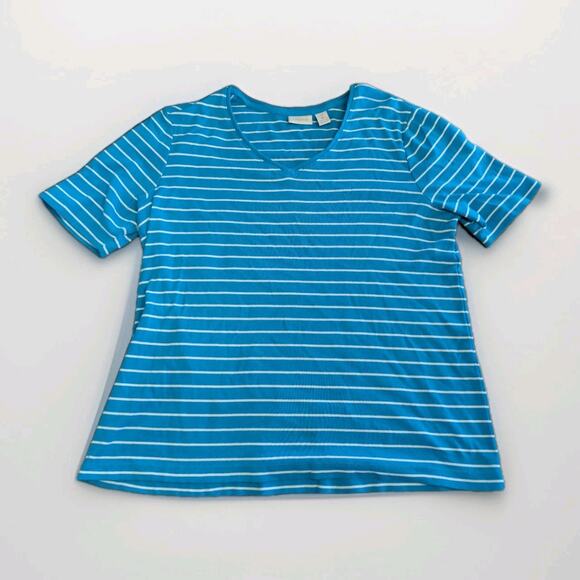 Chico's Women's TShirt Size 2 Large Blue Striped Vneck Thick Knit Tee Top EUC - Picture 1 of 9